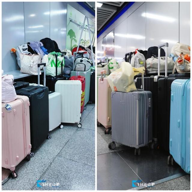 在安徽合肥地铁三里庵、四牌楼等多个站点，地铁警务站的旁边，有很多乘客将行李箱集中