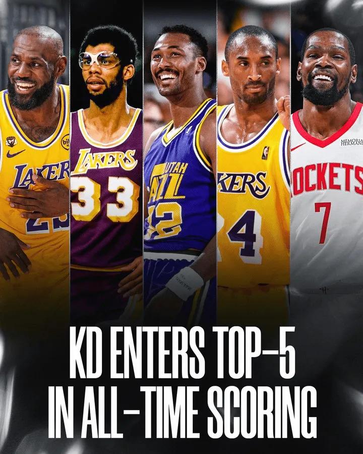 NBA历史得分榜前5：1、詹姆斯——43229分2、贾巴尔——38387分