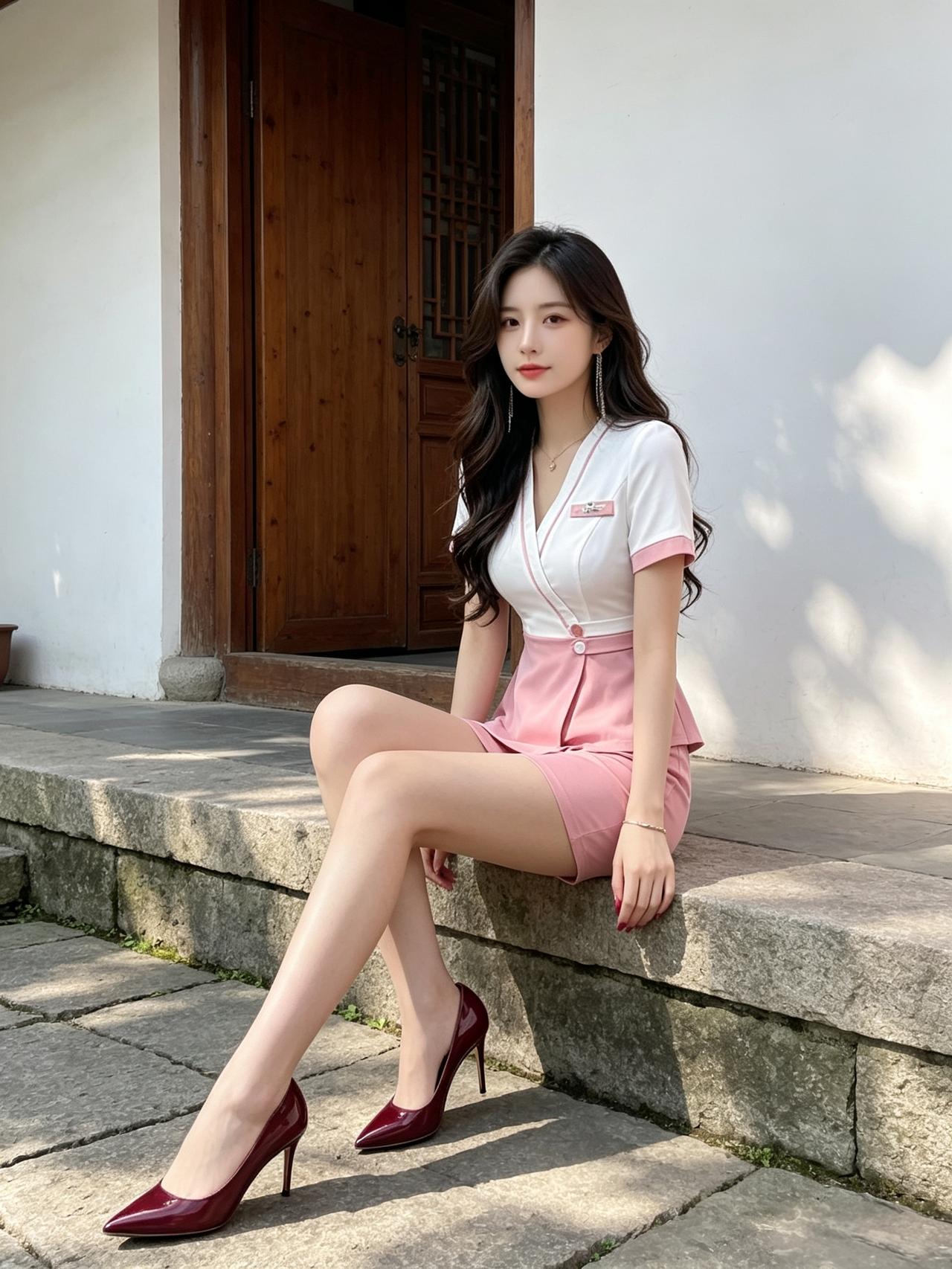 女孩子怎么穿搭既时尚又好看?粉白制服搭配红唇高跟鞋，坐在石阶上阳光正好。这身装