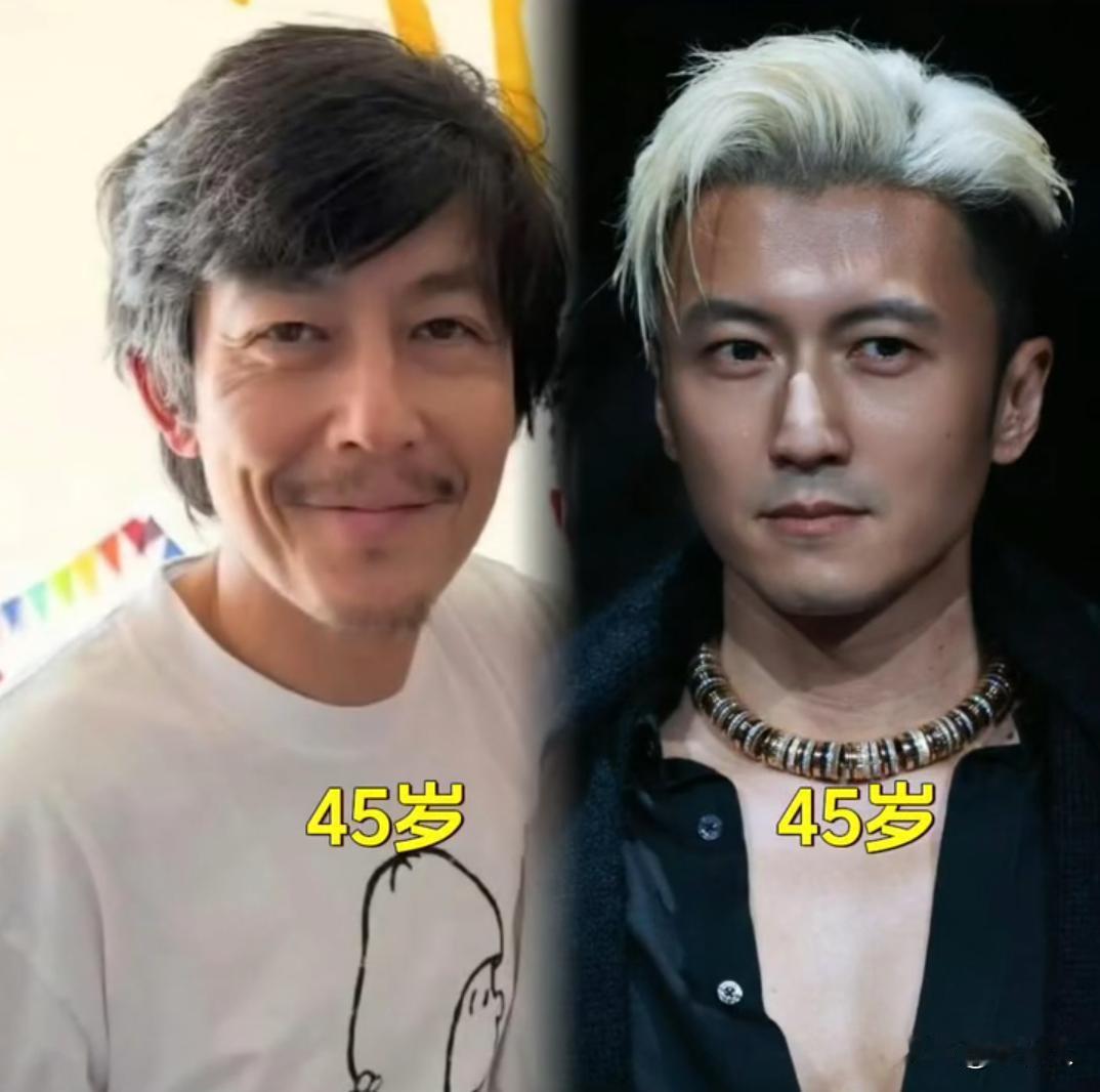 陈冠希和谢霆锋都是45岁的年龄，一个变成了沧桑大叔，一个依旧帅气。陈冠希“断崖式