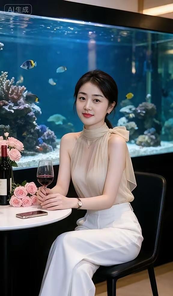 这位女士在鱼缸旁享受红酒时光。