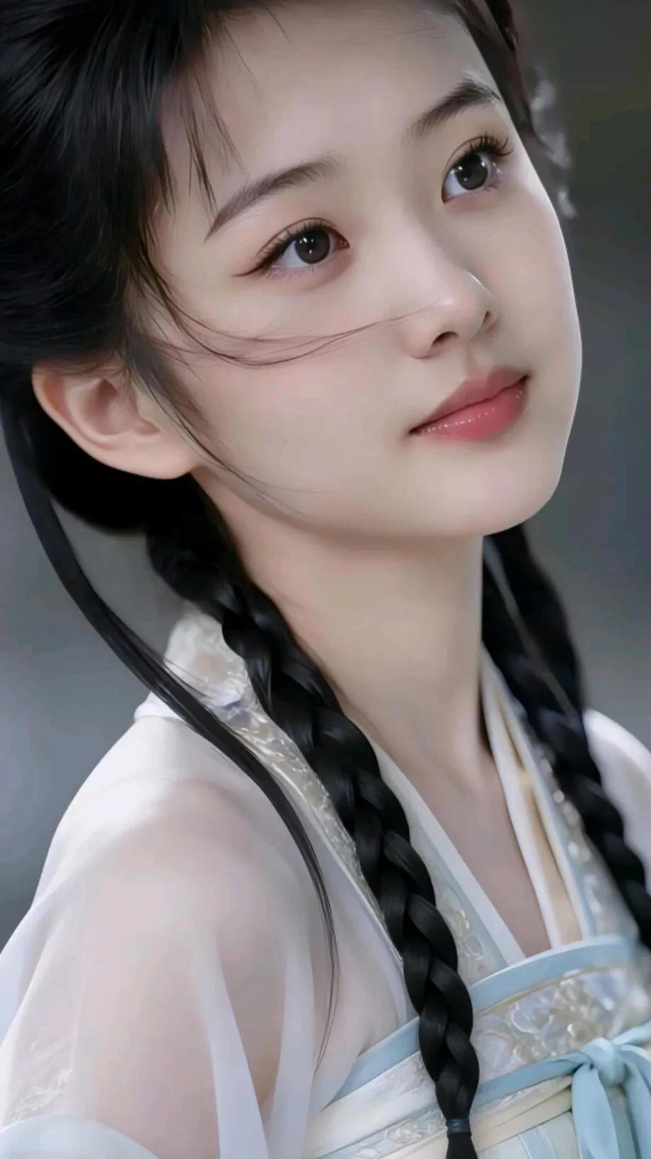 古风少女，黑发编辫，清雅动人
