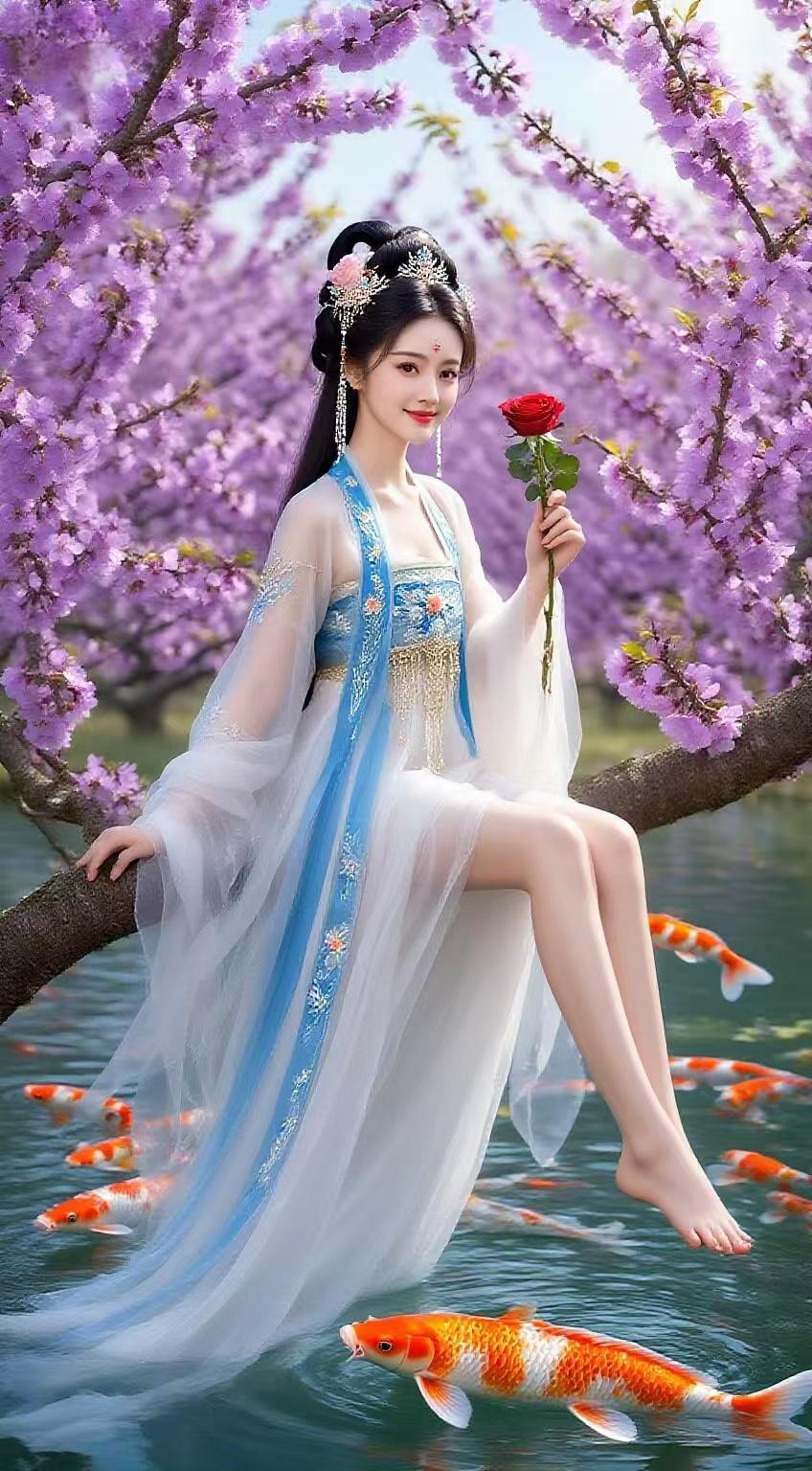 绝句·仙女爱心云裾轻曳下尘寰，素手分花缀鬓间。掬取春泉滋弱蕊，眸中暖