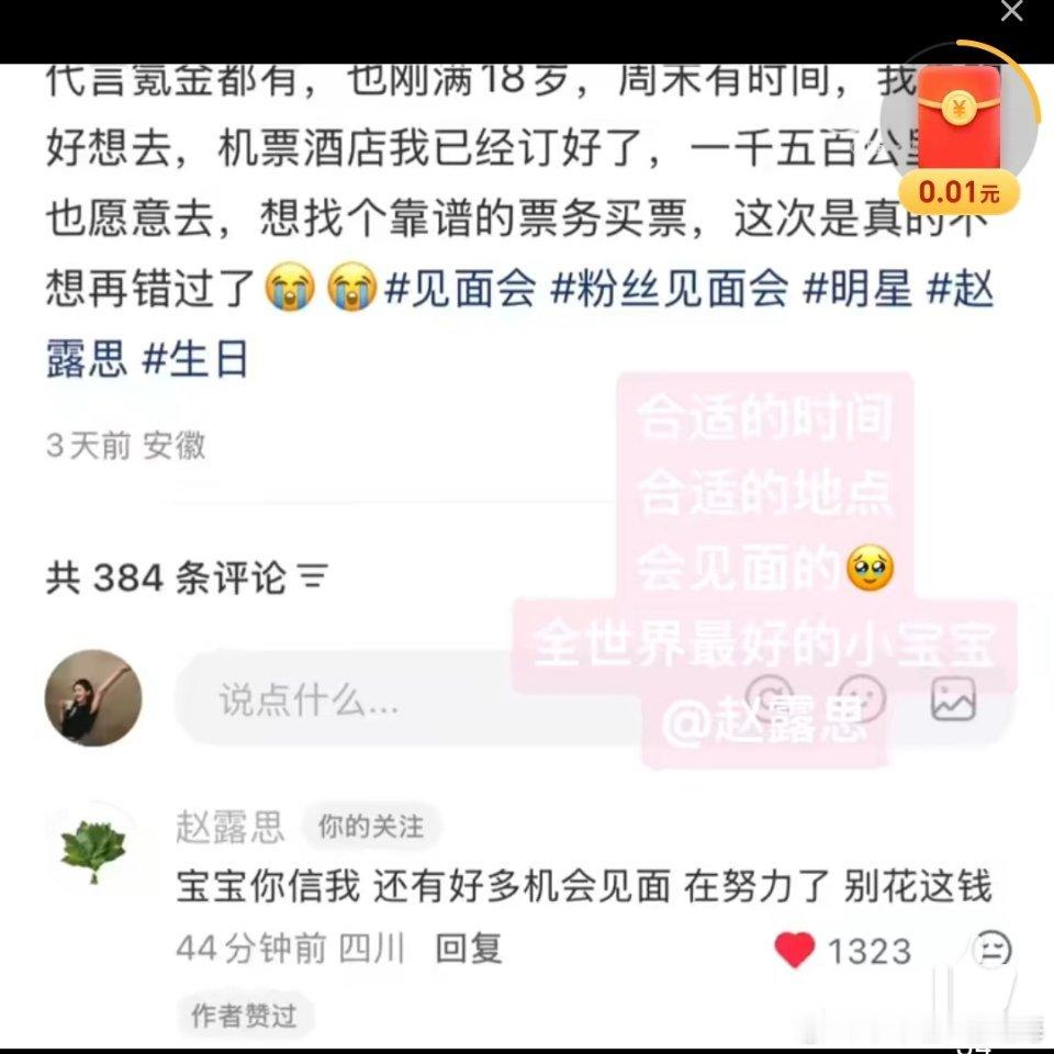 赵露思评论区让粉丝别花冤枉钱粉丝：机票酒店我已经订好了，1500公里我也愿意去～