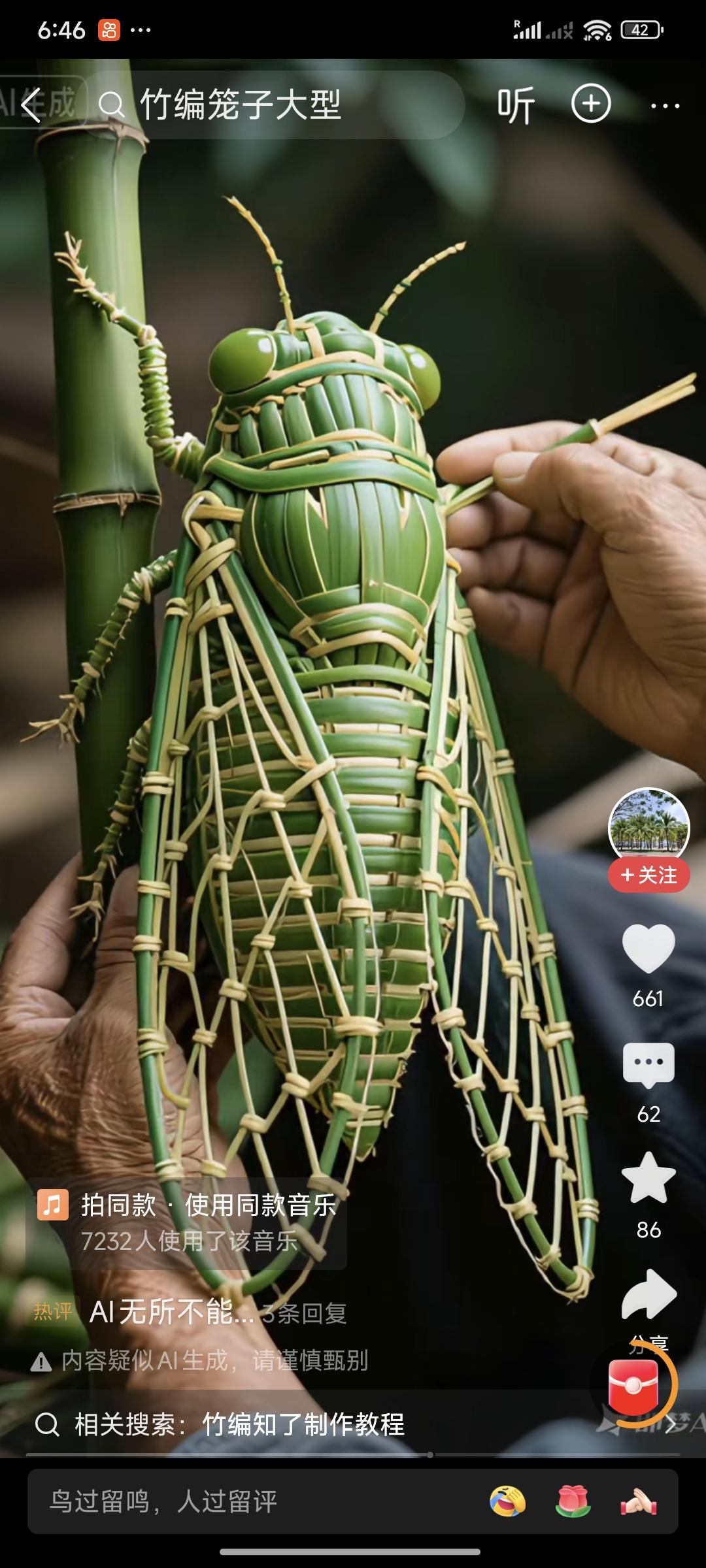 绿色竹皮蝉看看这位大叔的手艺，用绿色的竹子皮做出来的蝉，形象逼真，惟妙惟肖…