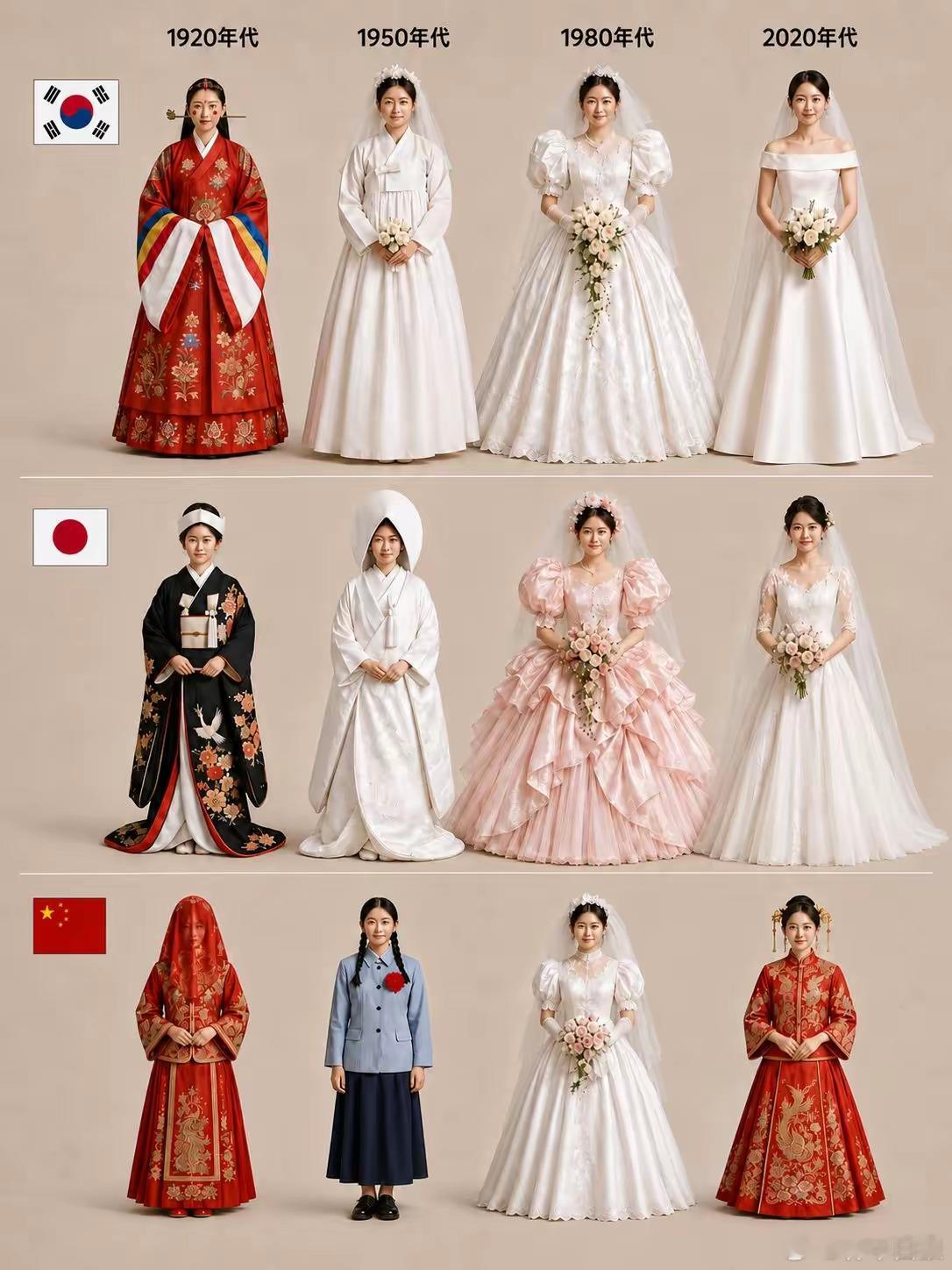 韩国网友发布中日韩三国结婚礼服的变迁，看到中国在2020年代传统审美的回归，让人