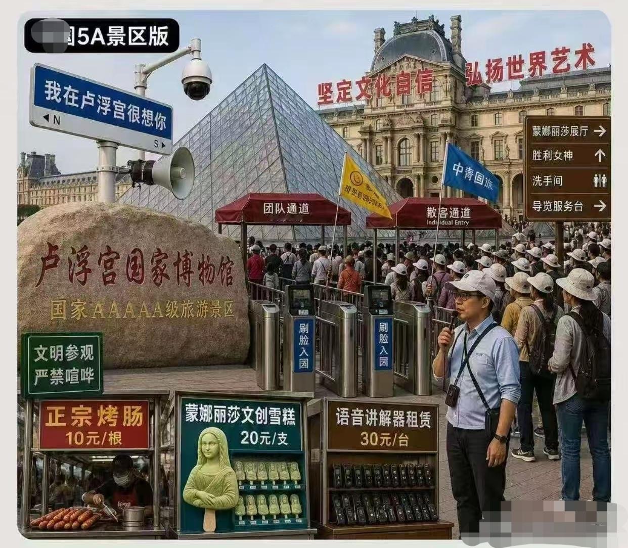 不得不说，网友的想象力实在是太丰富了。你看，有网友将法国卢浮宫（图二）的外广场用