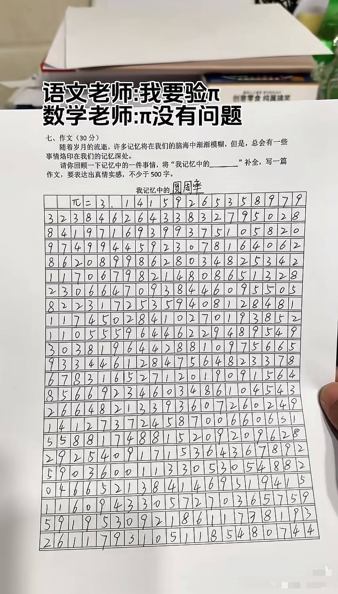 总分30，我给10分，没跑题。没有真情实感，没有表达出对圆周率的爱。