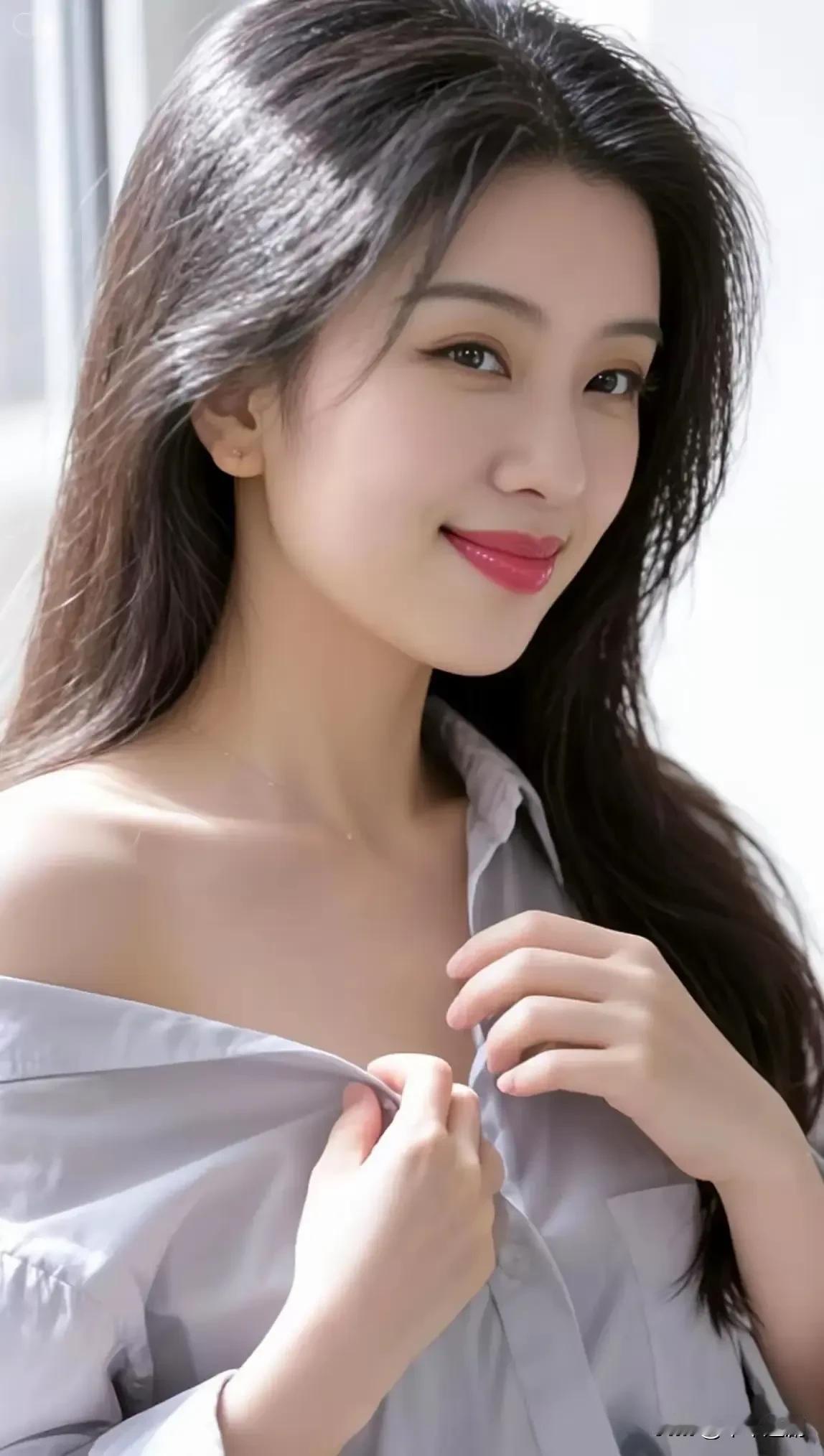 浅灰衬衫的露肩穿法揉出慵懒韵味，黑卷发被晨光镀上柔光，红唇一笑便漾开温柔紫色衬