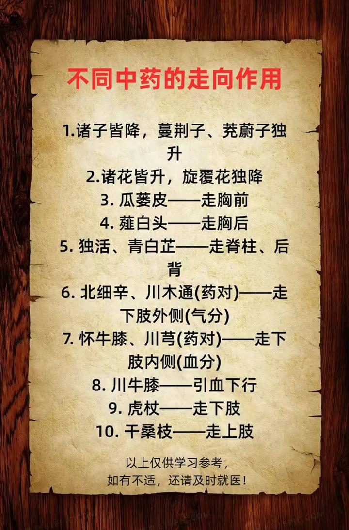 不同中药的走向作用。·1.诸花皆降，蔓荆子、茺蔚子、独升。·2.诸花皆升，旋