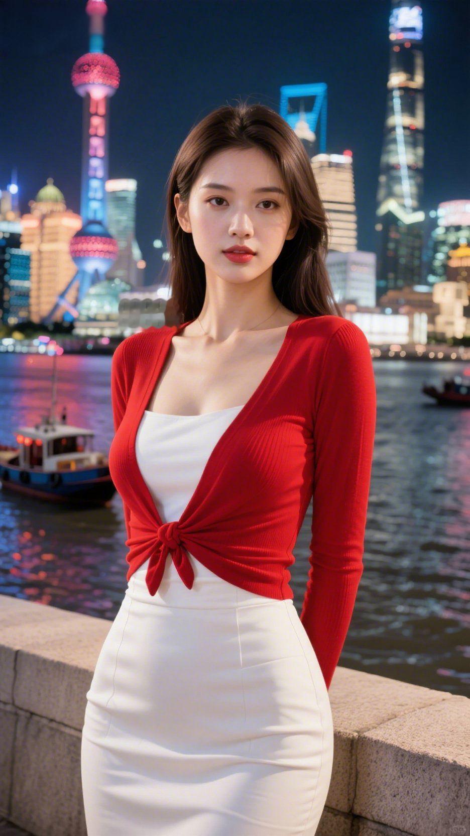 《红白衣伴夜的明柔》外滩灯火浸在江波里，霓虹将夜色晕成碎金，轻落她身侧——