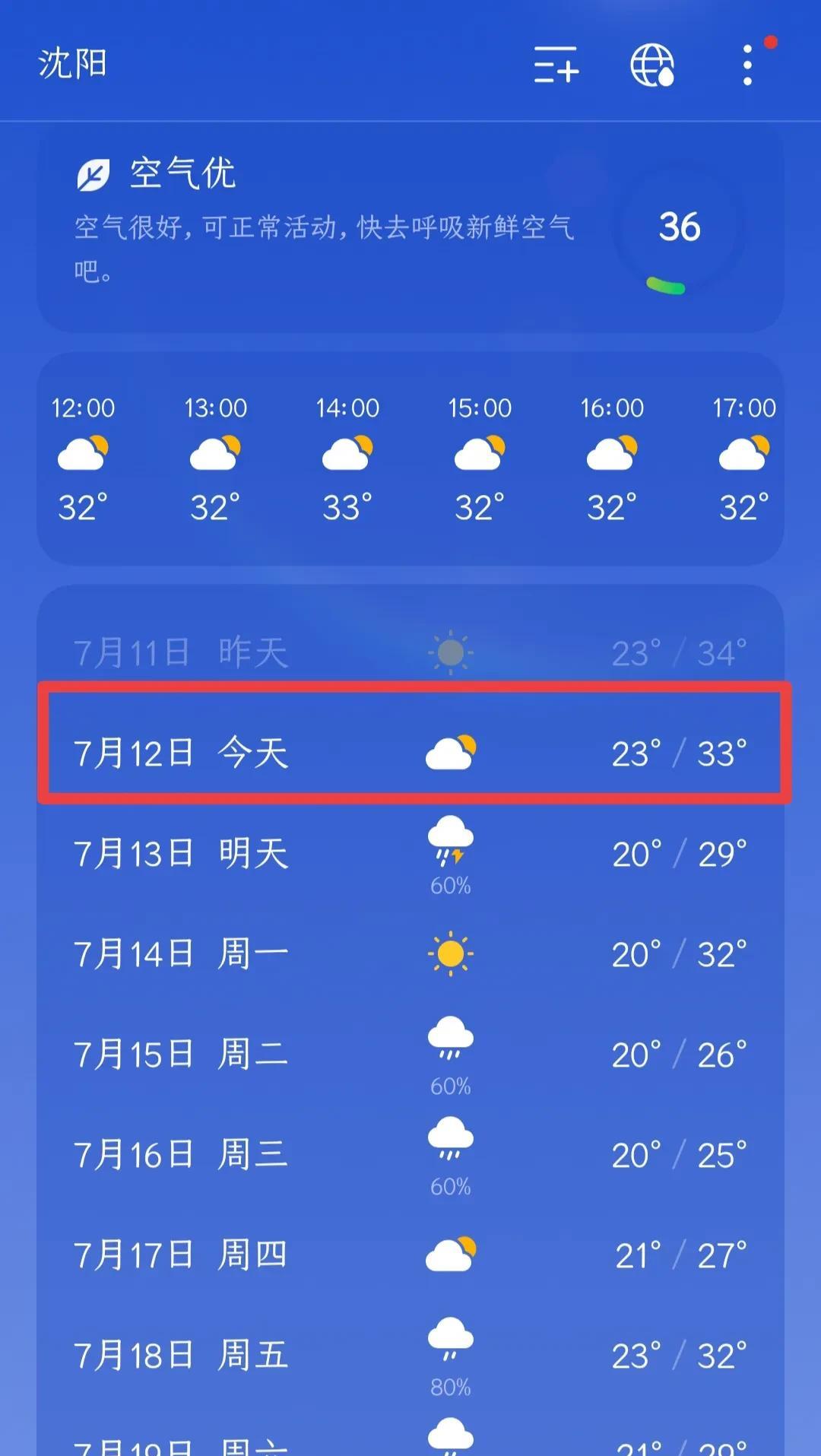 沈阳今天还是高温天气，但降雨马上就来…今天是7月22日，沈阳多云转晴，最低气温