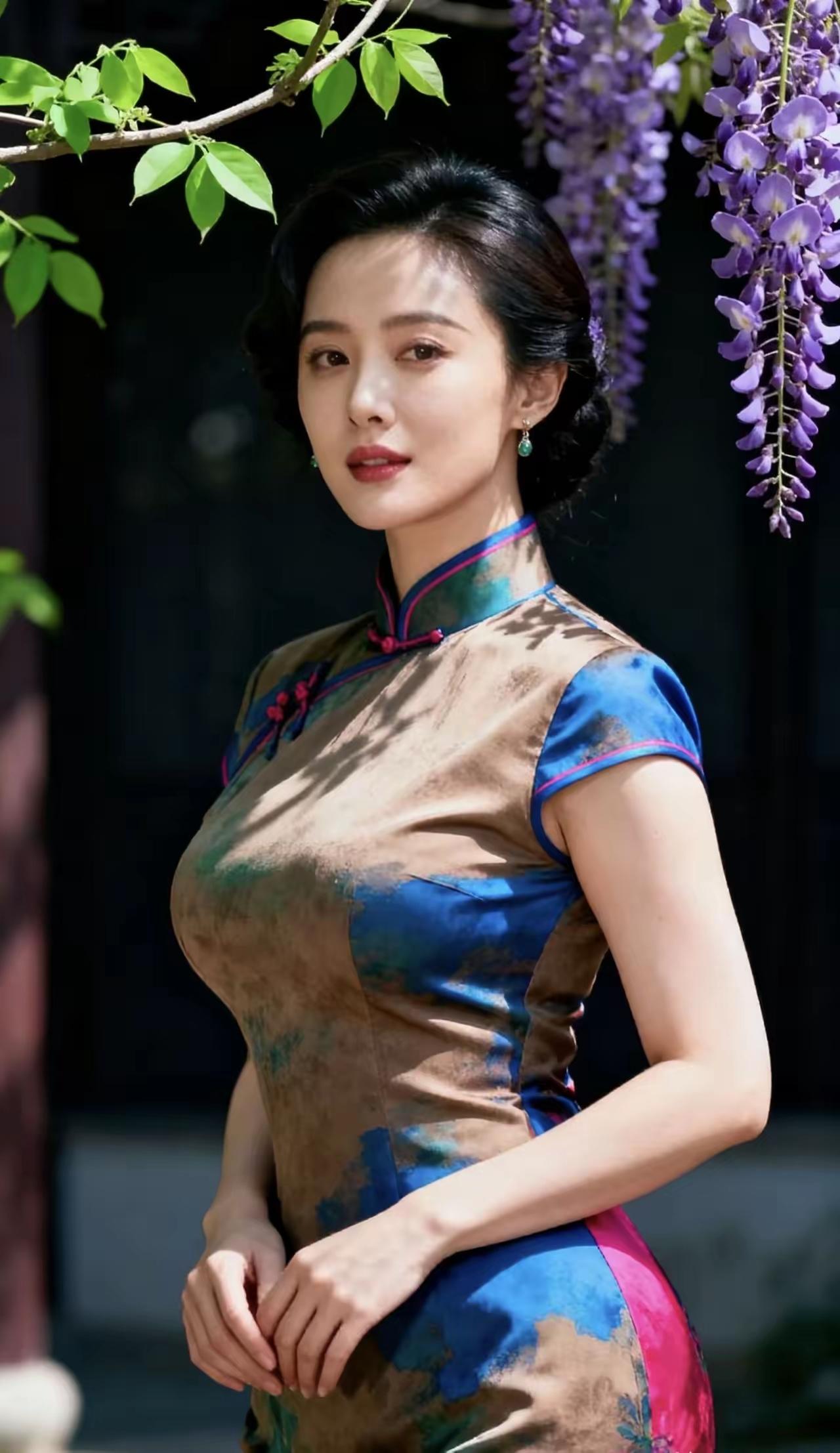 山坡羊·紫藤旗袍紫藤花俏，旗袍姿妙，人衣相衬情难了。意谁描，韵空飘，柔