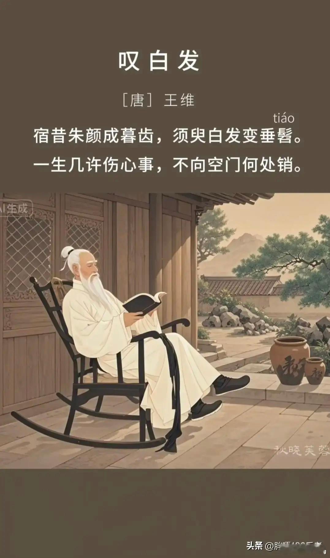 叹白发唐·王维宿昔朱颜成暮齿，须臾白发变垂髫。一生几许伤心事，不向空门何处销。岁