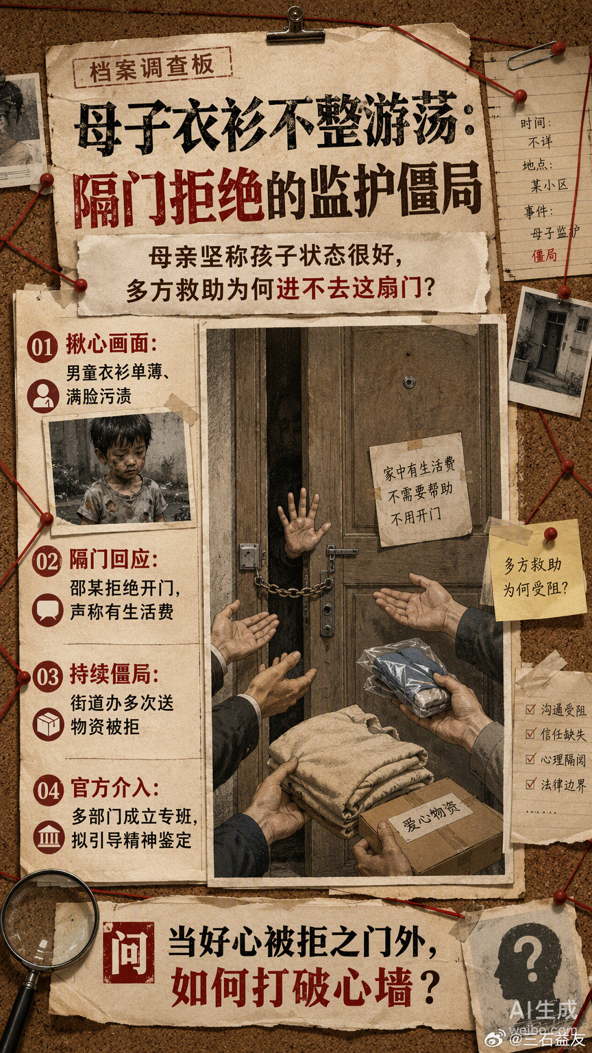 陕西西咸新区一对母子衣衫不整游荡事件持续引发关注，当事女子邵某在多方上门救助时隔门拒绝所有帮助，坚称