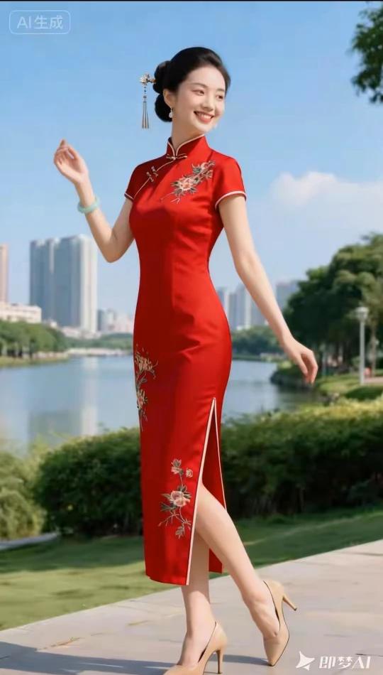 东方佳丽，身着旗袍。国风古韵，光彩照人。贴身裁剪，开叉设计。身姿深知，尽