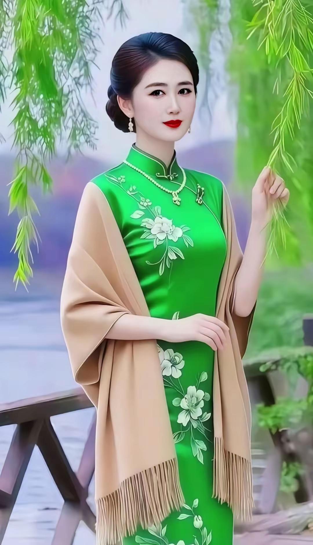 古典优雅，绿意盎然，旗袍与自然相映成趣。