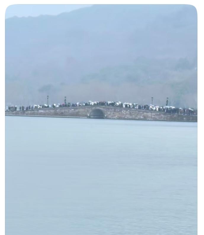 1月20日，杭州多地下雪，西湖的断桥上更是挤满了人拍雪。此情此景的断桥好热闹：1