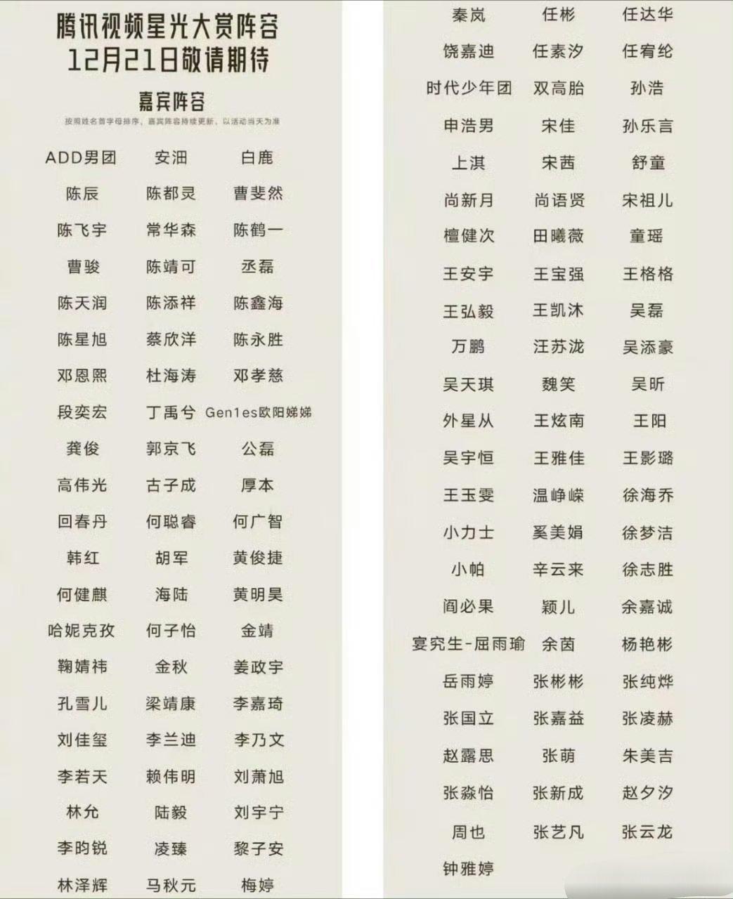 明天腾讯星光大赏的阵容，放眼望去，感觉好多短国的人，和不认识的人