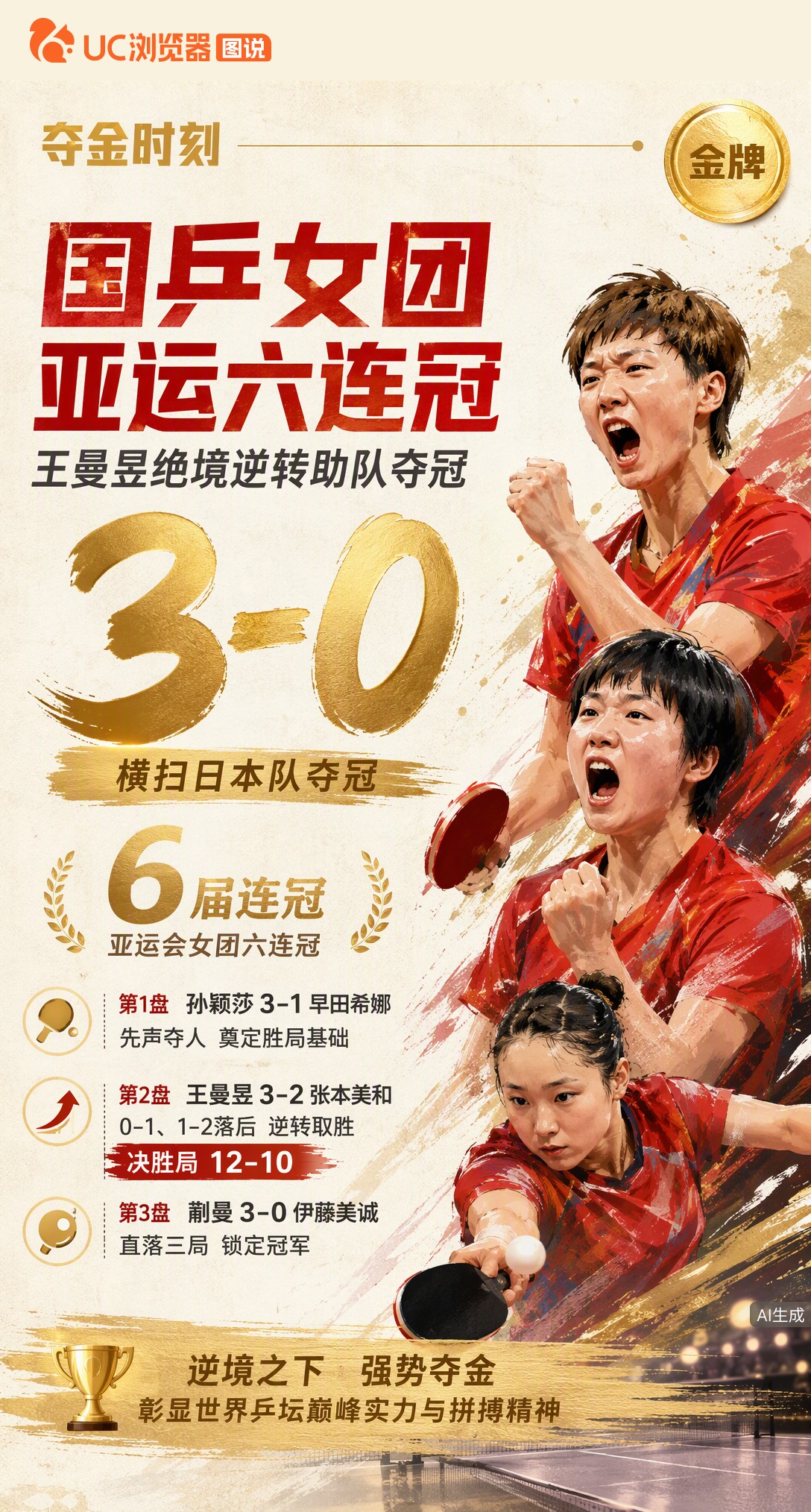 国乒女团亚运六连冠！王曼昱第二盘1-2落后绝境翻盘，决胜局12-10逆转张本美和。孙颖莎首盘定调，蒯