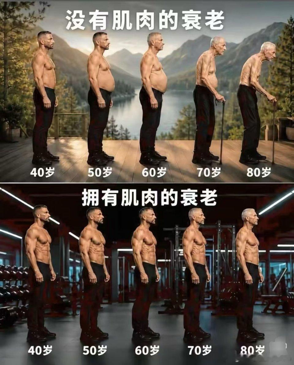 岁月对人的差距同样40到80岁，有无肌肉，是两种衰老模样。40岁后肌肉每十年流失