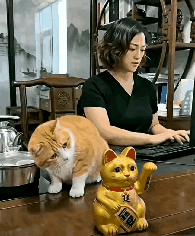 看完这个片段真是被大橘逗乐了。主人摆上招财猫摆件，满心期盼讨个吉利。没想到家里的