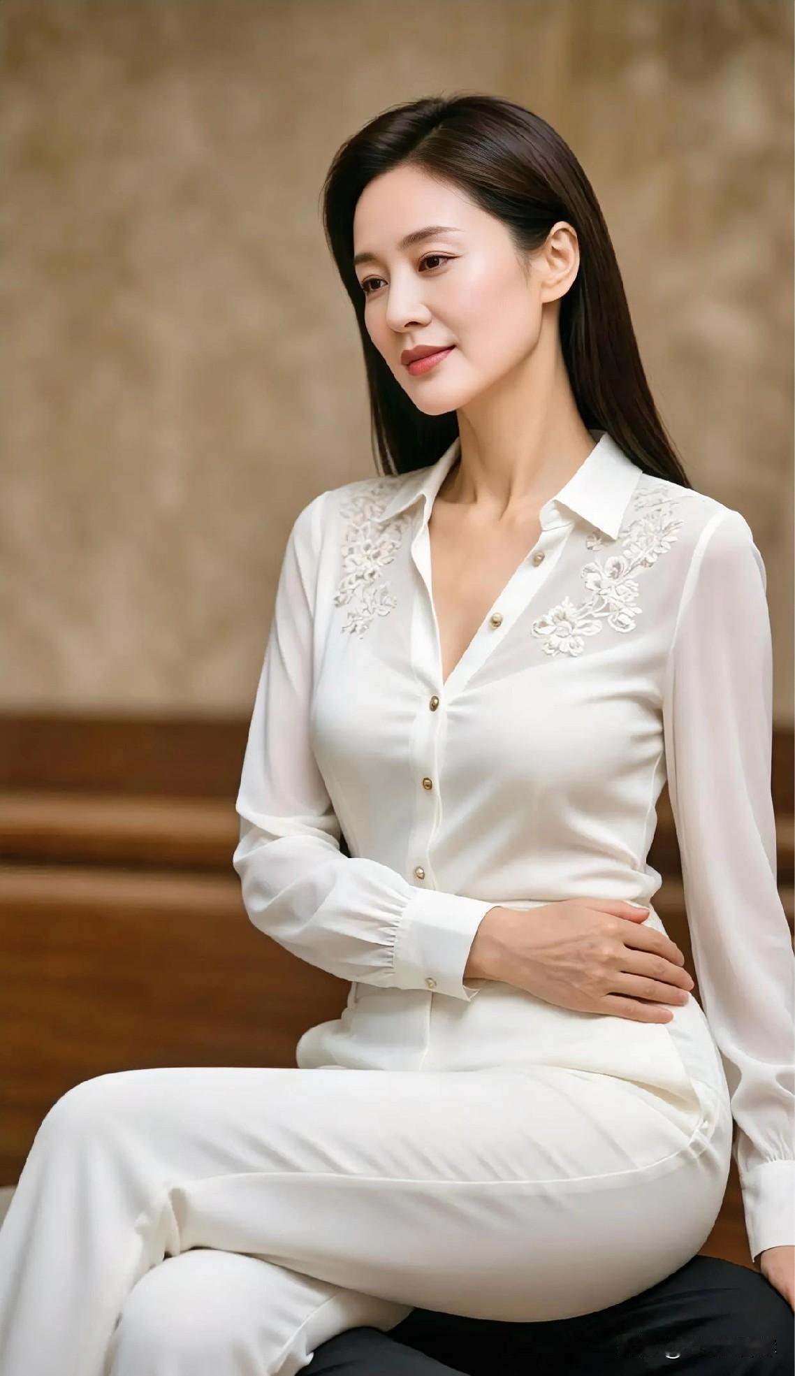 暖棕背景，晕开静谧。白衫胜雪，刺绣凝露。纱袖曳光，勾勒优雅弧度；纽扣轻垂，
