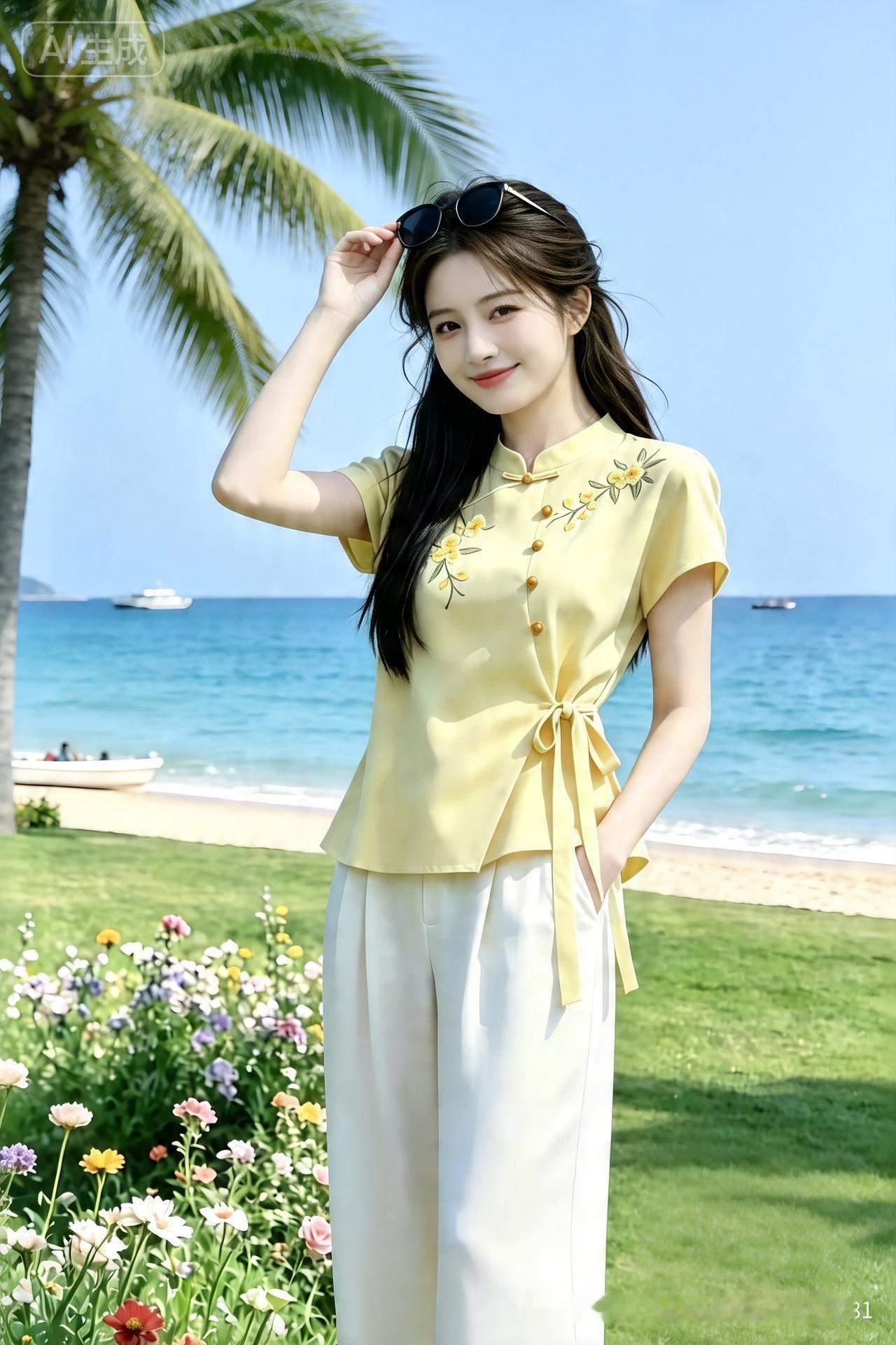 海边草坪阳光明媚，蓝天大海映衬椰子树，花丛点缀生机盎然。少女头戴墨镜，右手轻扶镜