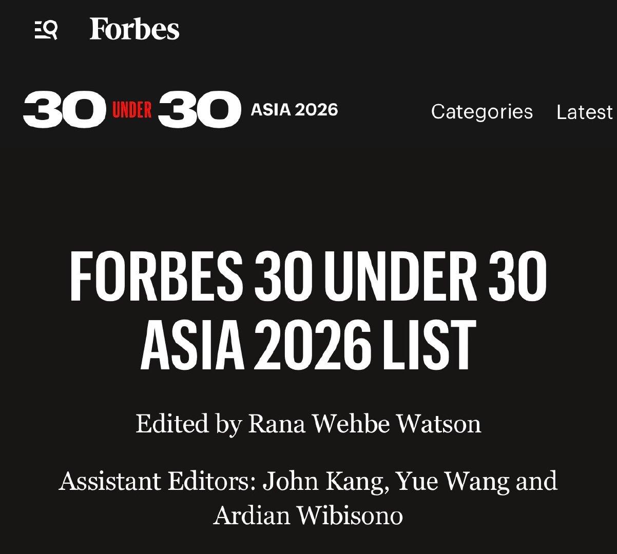 王一博上榜Forbes30under302026Asia（福布斯20