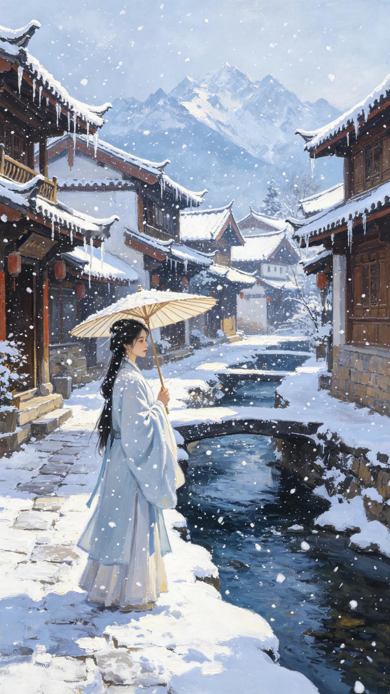 手机壁纸，国风壁纸美图。1、雪天女子2、江南水乡雪景3、小桥雪景4、山水
