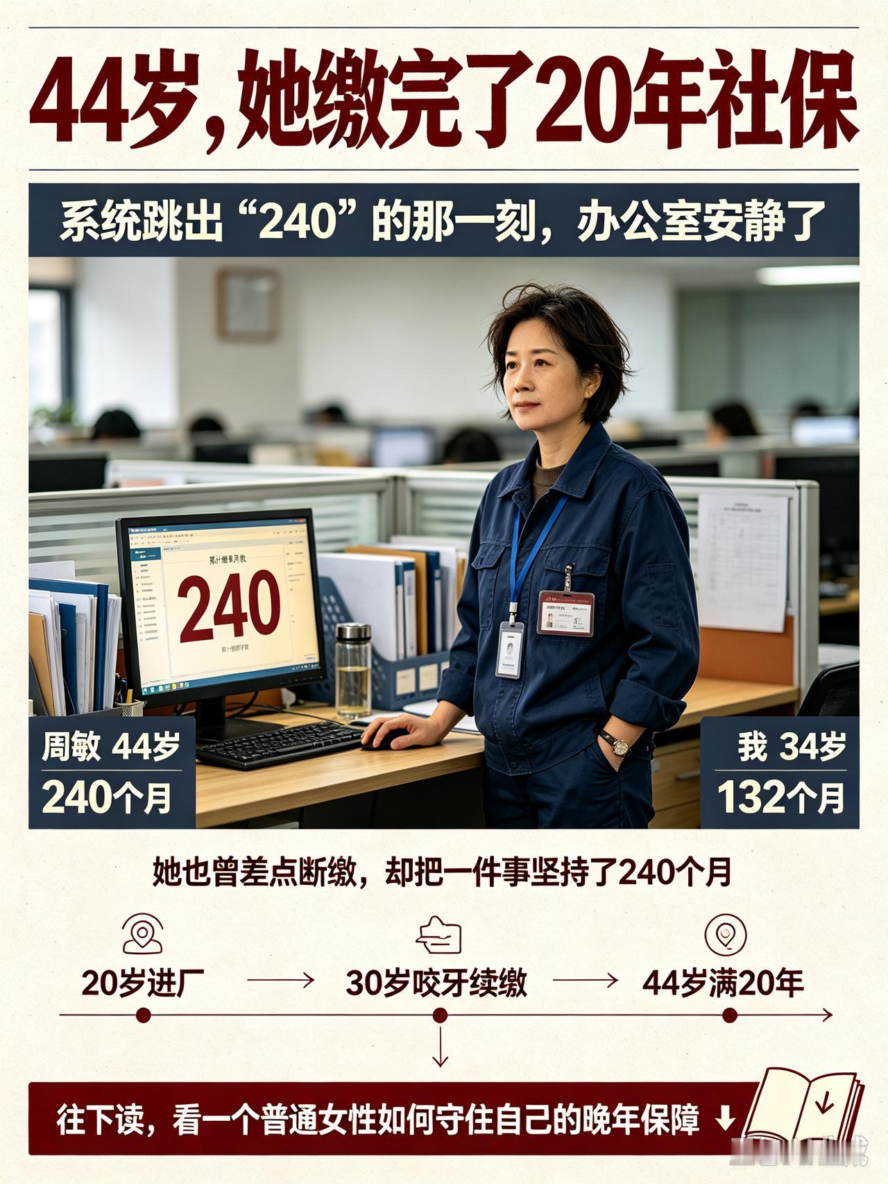 新来的同事真让人感慨，今年44岁，社保缴费年限已经凑齐整整20年。她刚来办