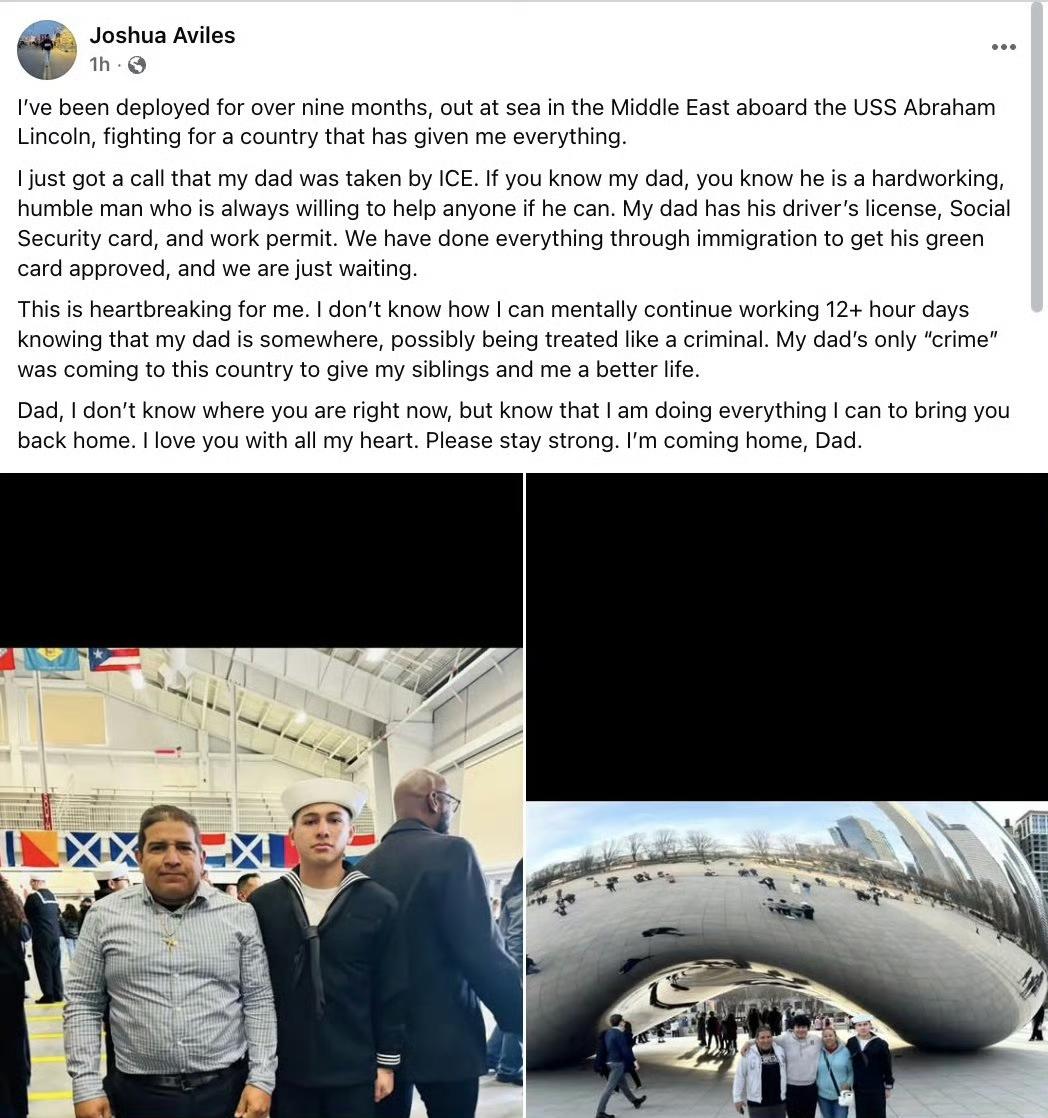小伙子在林肯号上超长时间服役，家里的老父亲却被ICE（大漂亮移民及海关执法局）非
