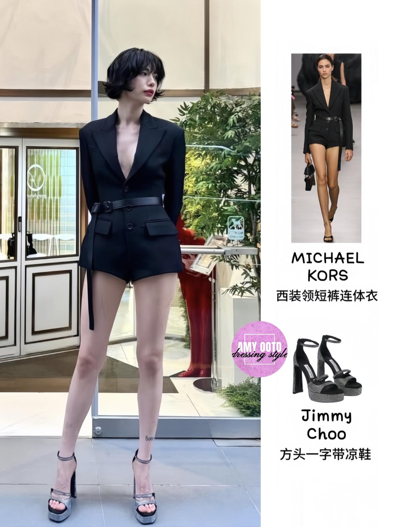 林珍娜这身造型太戳“老公姐”氛围感了！黑色西装领连体衣+腰带收腰，既保留了中性风