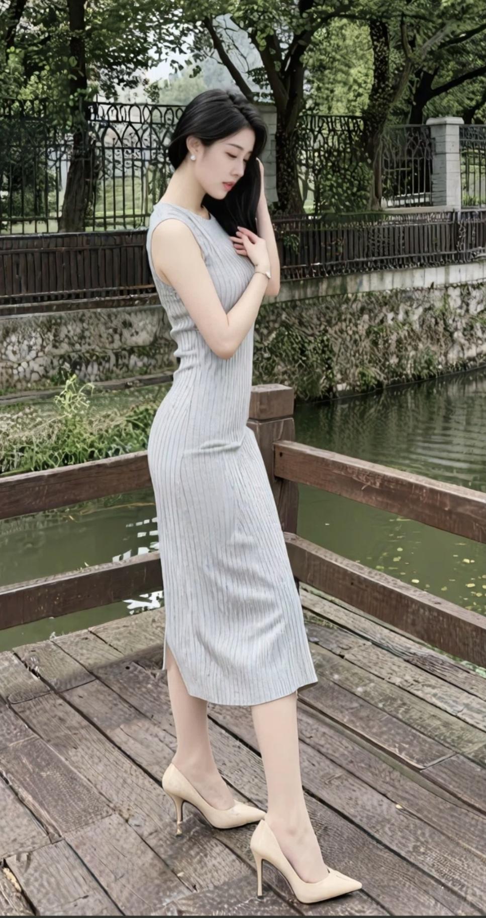 偏爱这种低饱和温柔穿搭竖坑条针织贴合身形，修身不紧绷裸色细高跟拉长腿部比例