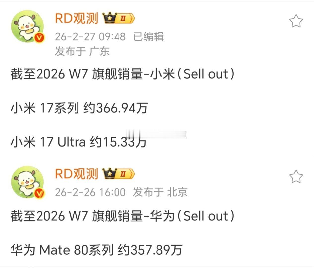 见证一位博主从米猴到权威的蜕变RD观测老师公布2026年第7周销量：小米17系列