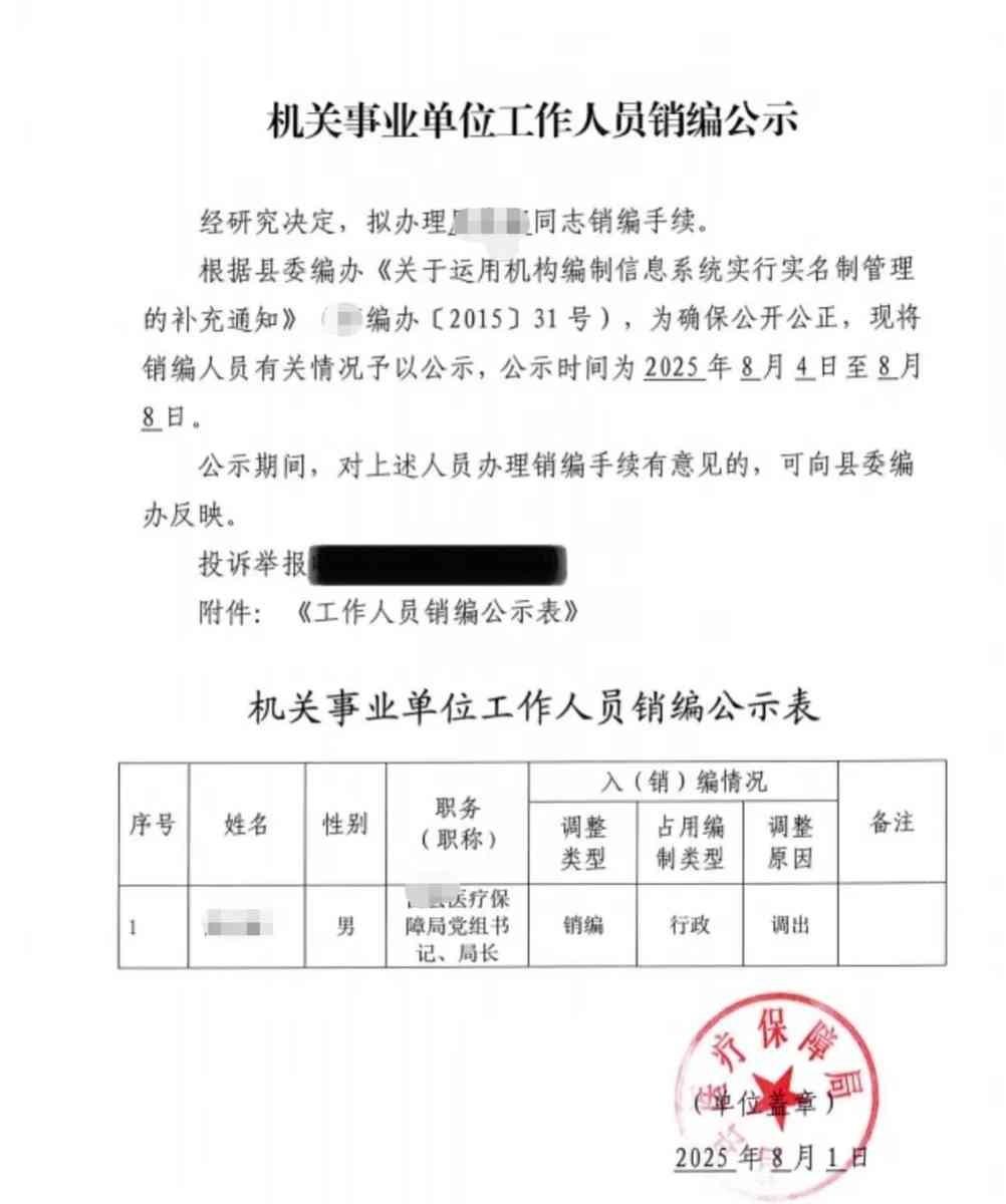 一个县医保局局长的名字，出现在了一份“消编公示”上。看到这个，我第一反应是懵的