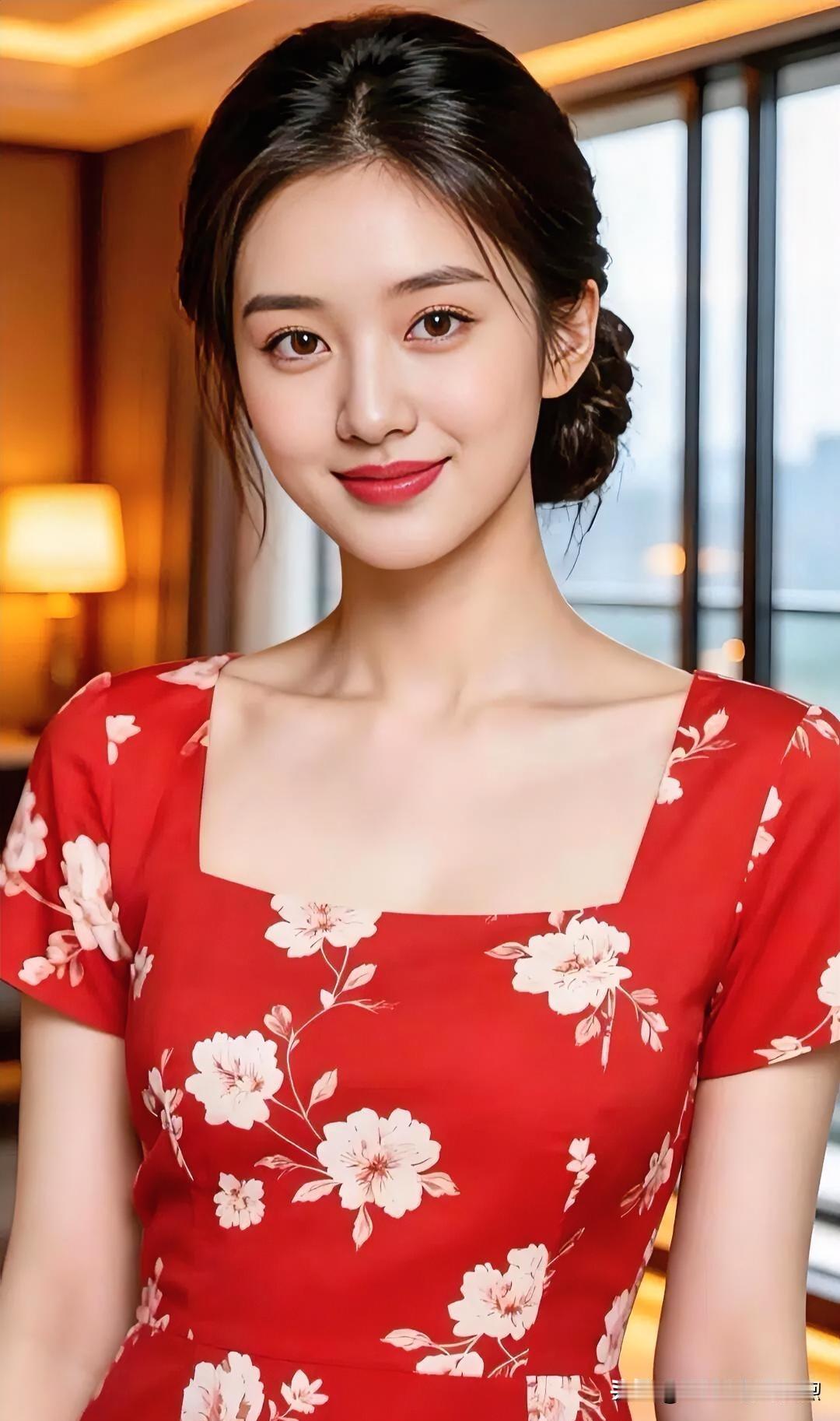 红裙如焰绽芳华，笑靥温婉映华灯，方领雅致，花影扶疏，尽显端庄柔美之姿。