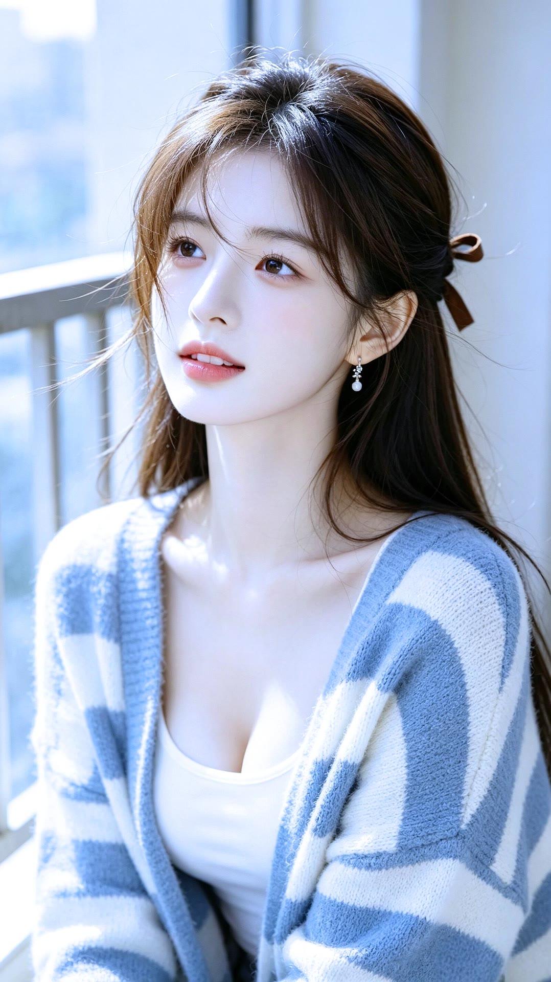 温柔甜美的少女，蓝白条纹毛衣，清新自然。