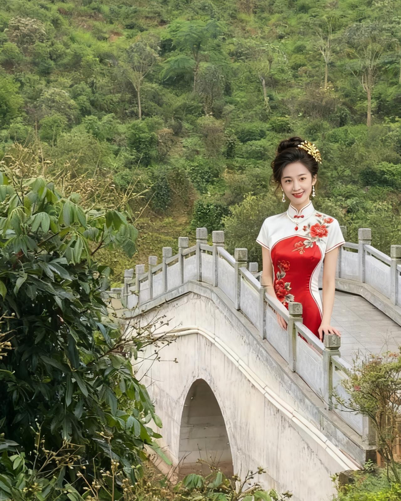 石桥山林为背景，穿旗袍的女子身姿窈窕立桥上，姿态自然舒展，衣袂与林间清风相融，人