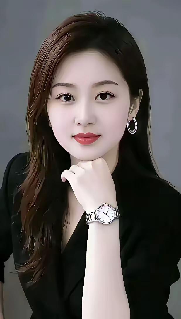 这位女士穿着黑色衣服，佩戴着手表和耳环。