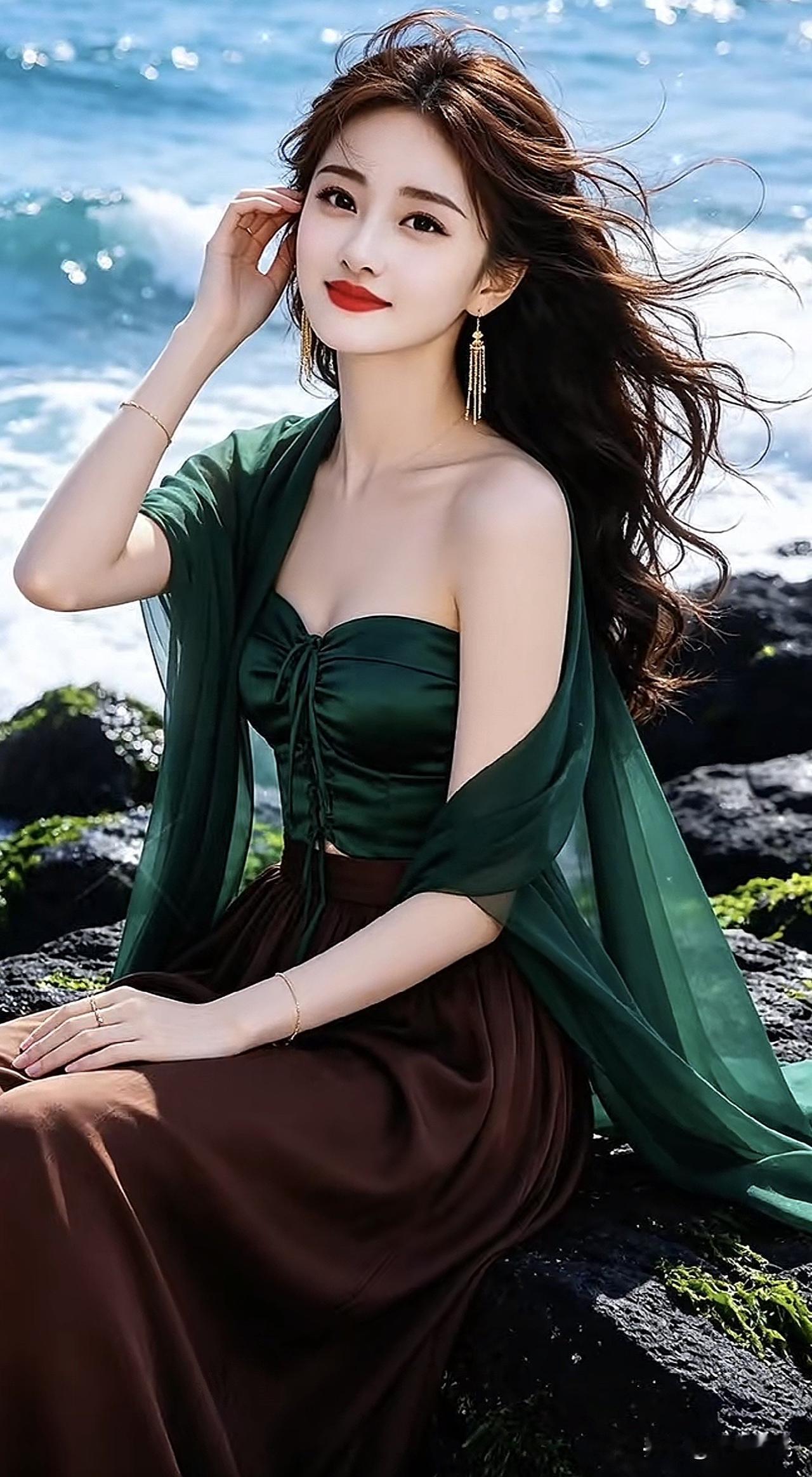 海边飘逸绿裙，红唇轻启，海风轻拂，美不胜收。海边白裙随拍海边红裙大片海滨长裙