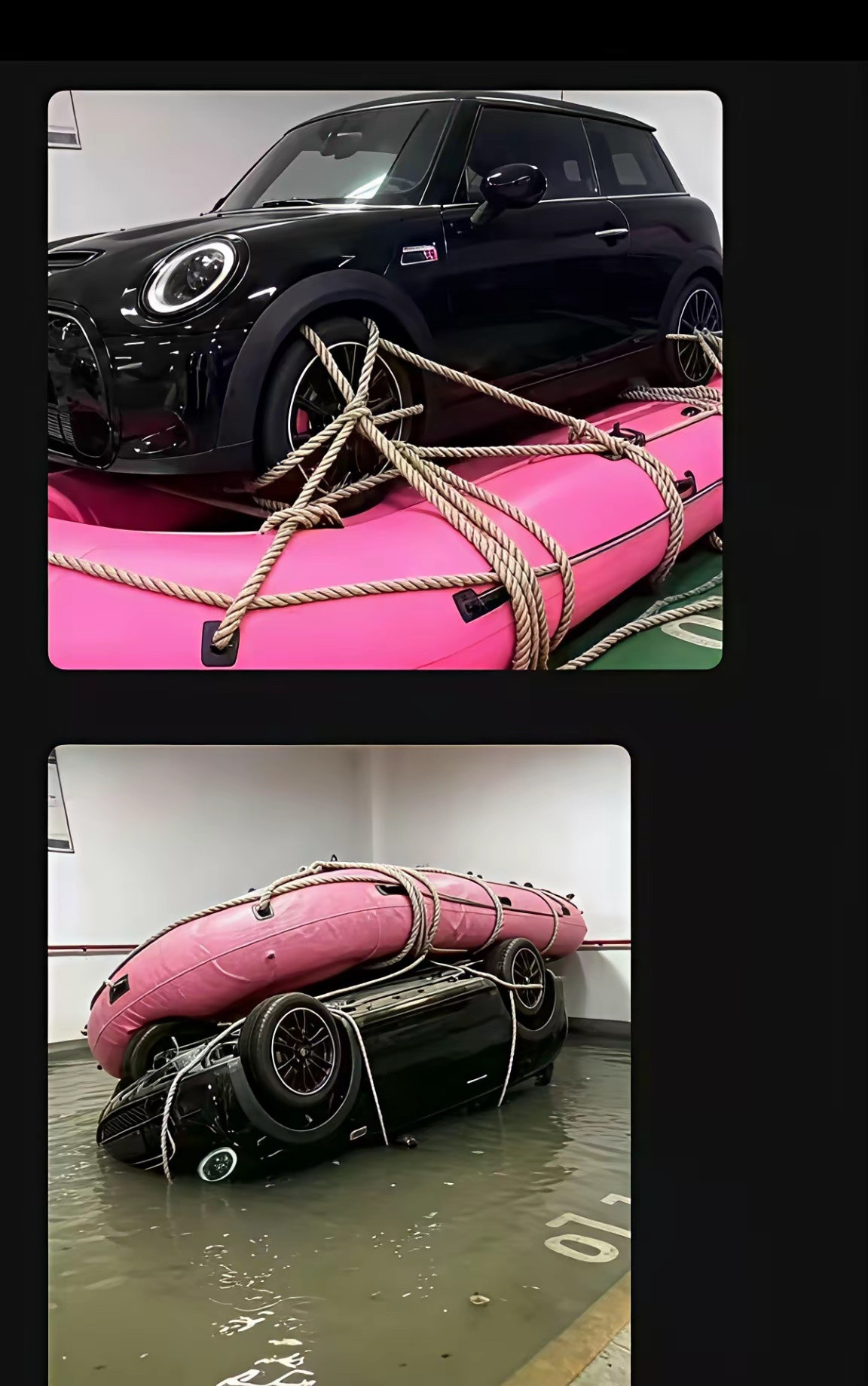 为了防止洪水淹车，也是煞费苦心，但是这样不是更容易飘走吗？