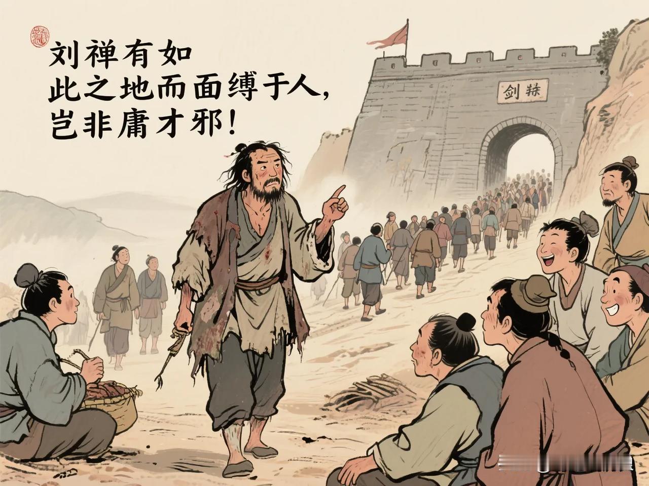 元康末年，关中大饥荒，百姓入蜀乞食。有个叫李特的乞丐行至剑阁关时，说：“刘禅有如