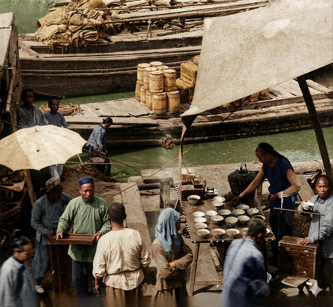 清末，天津海河码头，一个简易的茶摊支在河边，摊主正忙碌地为顾客斟茶。桌上整齐地摆