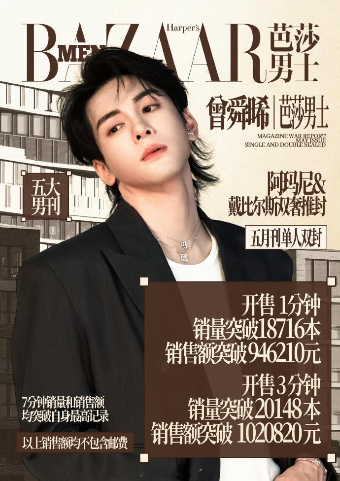 曾舜晞《芭莎男士》杂志销量战报，3分钟2w+本，销售额100万➕，7分钟就突破自