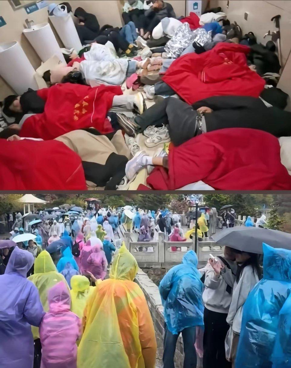 泰山厕所睡满了人，也不分男女了，地板打地铺，脏不脏，臭不臭也不介意了，看着大家都