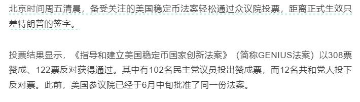 没有硝烟的争夺。美国今天早上稳定币立法了投票结果显示，《指导和建立美国稳定币国