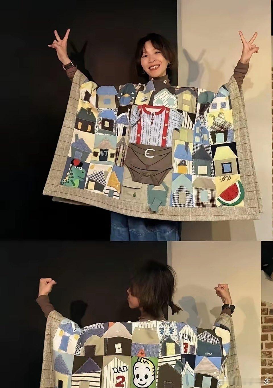黄雅莉真的太厉害了。她把孩子‏的旧衣服改成了小﻿房子的形状，﻿‏缝在布上‏﻿做成