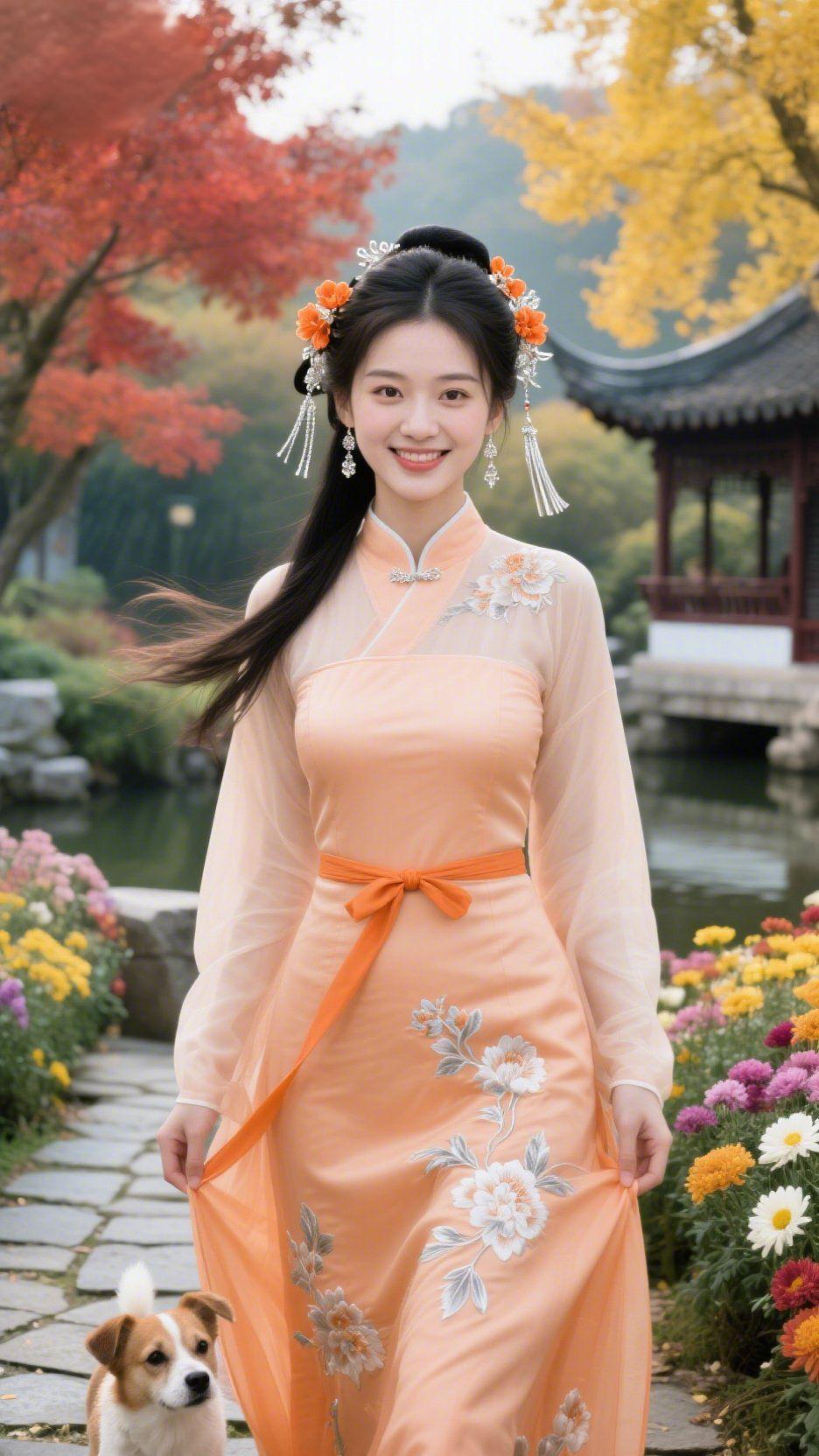 亭畔秋光醉人心丹枫金杏两两相映，曲溪环古亭静静流淌。石板小路旁各色秋菊盛放