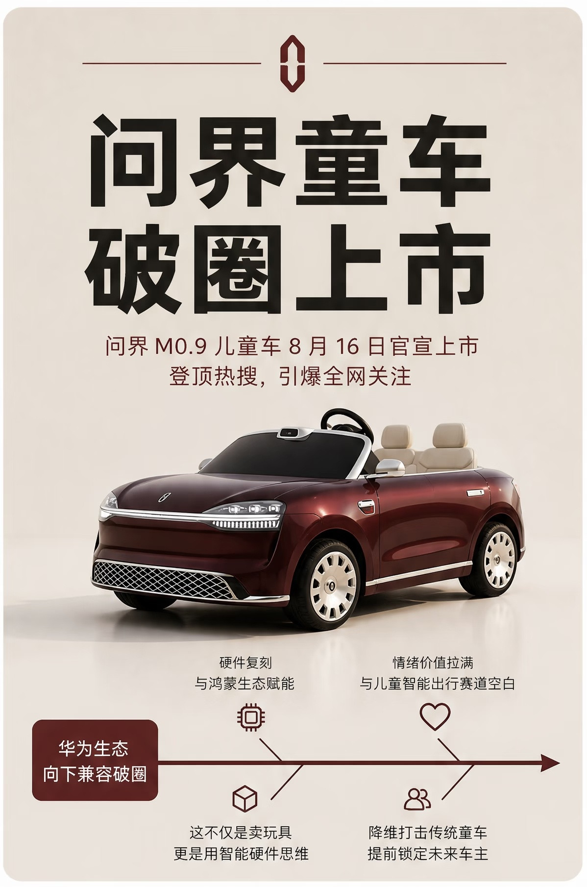 问界儿童车即将上市，问界这是准备从小开始培养用户了。官方已经预告问界儿童车即将上